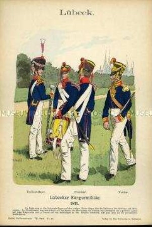 Uniformdarstellung, Tambour-Major, Tamboure und Pfeifer des Bürger-Militärs, Freie Reichsstadt Lübeck, 1831.
