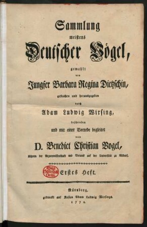 H. 1: Sammlung meistens Deutscher Vögel