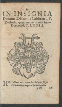 In Insignia Domini Iohannis Lubbren ... epigramma scriptum Anno Domini M. D. LXXIII.
