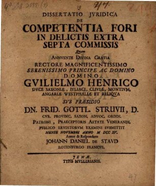 Diss. iur. de competentia fori in delictis extra septa commissis