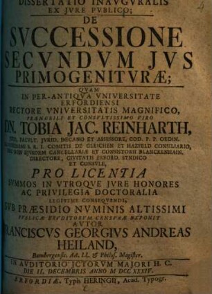 Dissertatio inauguralis ex iure publico de successione secundum ius primogeniturae
