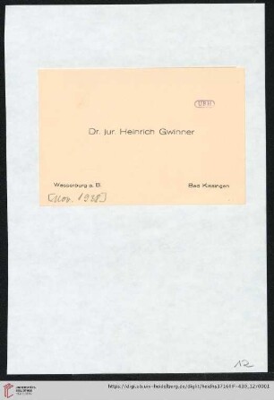 Heid. Hs. 3716 III F 430: Nachlass Gustav Radbruch. Korrespondenz Heinrich Gwinner/Gustav Radbruch