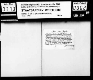 Fr. Placidus Günther, Kleriker zu Bronnbach (Brunnbach), gelobt den Satzungen und Regeln des hl. Benediktus Treue und Gehorsam.