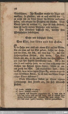Sechs und sechszigste Fabel. Der Esel, der Löwe und der Hahn