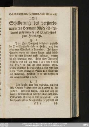LXII Schilderung des verstorbenen herrn Hermann Riedefels freiherrn zu Eisenbach und Burggrafens zum Friedberge.