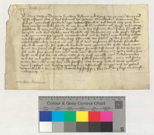 Der Bürger von Lüneburg Hans Wolters bezeugt, dass er zur Bezahlung einer Schuld dem Ratsmann Johann Semmelbecker eine Schuldverschreibung des Bürgers Hinrick Semmelbecker lautend auf 480 Mark Lüneburger Pfennige übergeben hat. Zeugen sind Johann Semmelbecker und Godeke van Tzerstede.