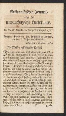 III. Stück, Hamburg, den 31sten August 1770