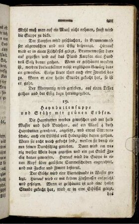 19. Haynbuttensuppe und Stöhr mit grünen Erbsen. - 46. Dünne Mehlsuppe,...