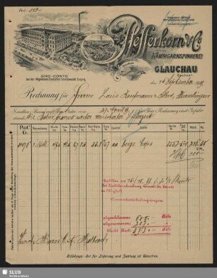Pfefferkorn & Co., Kammgarnspinnerei, Glauchau : Rechnung