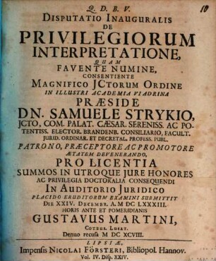 Disputatio Inauguralis De Privilegiorum Interpretatione