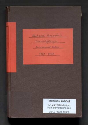 Namensverzeichnis zum Heiratsregister Brackwede, 1921-1938