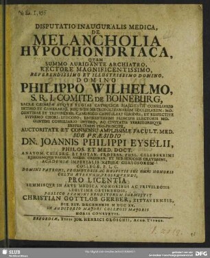 Disputatio Inauguralis Medica, De Melancholia Hypochondriaca : Die XIV. Decembris MDCCXV. ...