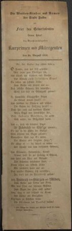 1836: Die Waisen-Kinder und Armen der Stadt Fulda zur Feier des Geburtsfestes Seiner Hoheit des Durchlauchtigsten Kurprinzen und Mitregenten