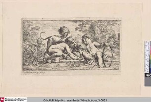 [Drei nackte Kinder mit Hund; Three naked Children with a Dog, sitting in a Landscape]