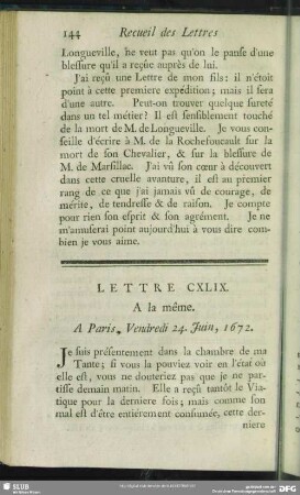 Lettre CXLIX. A la même. A Paris, Vendredi 24. Juin, 1672