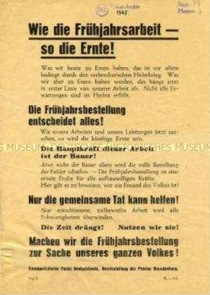 Aufruf der KPD zu verstärkten Anstrengungen bei den Frühjahrsarbeiten in der Landwirtschaft