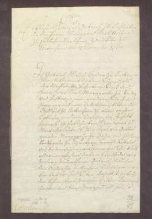 Erblehenrevers des Gabriel Meuch, Baders zu Linkenheim, gegen Markgraf Carl II. von Baden-Durlach über die ihm als Erblehen verliehene Badstube daselbst