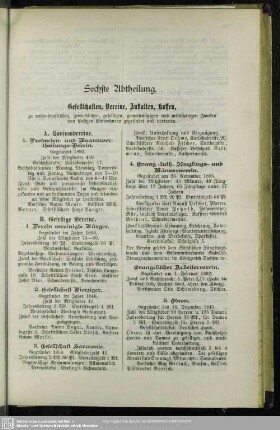 Sechste Abtheilung. Gesellschaften, Vereine, Anstalten, Kassen