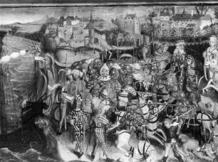 Predella mit "Der heilige Oswald, König von Northumbrien, landet in Wessex" : Flügelaltar mit Standflügel. Predella mit "Der heilige Oswald, König von Northumbrien, landet in Wessex". Detail. Holz, gefasst (1493). Amering (Steiermark), Filialkirche Sankt Katharina