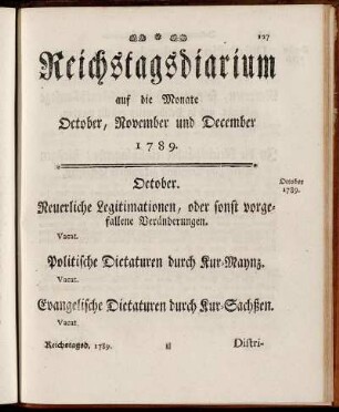 Reichstagsdiarium auf die Monate October, November und December 1789.