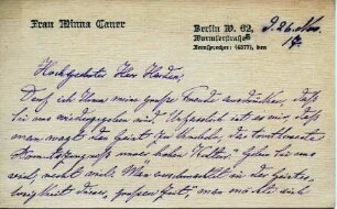 Korrespondenz von Minna Cauer an Maximilian Harden