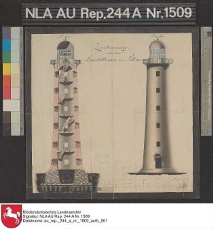 Ansicht des Leuchtturms in PILLAU Kolorierte Zeichnung von NN. Papier auf Leinen Format 32,0x32,0 M 1:130 (ca)