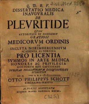 Dissertatio Medica Inavgvralis De Plevritide