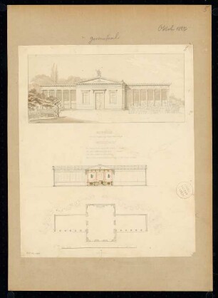 Gartensaal Monatskonkurrenz Oktober 1827: Grundriss Erdgeschoss, Längsschnitt, perspektivische Ansicht; Maßstabsleiste