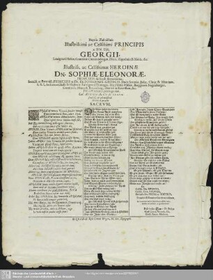 Nuptiis Illustrissimis Illustrissimi ac Celsissimi Principis ac Dn. Dn. Georgii, Landgravii Hassiae ... & Illustriss. ... Dn. Sophiae-Eleonorae ... Dn. Johannis-Georgii, Ducis Saxoniae ... Filiae feliciter primogenitae, Cal. Aprilis A. MDCXXVII. faustiß. & solemnißime Torgae peractis Sacrum