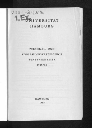 WS 1985/86: Personal- und Vorlesungsverzeichnis // Hamburgische Universität