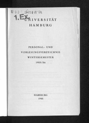 WS 1985/86: Personal- und Vorlesungsverzeichnis // Hamburgische Universität