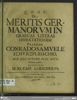 De meritis Germanorum in Graecas literas dissertationem