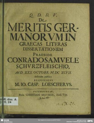 De meritis Germanorum in Graecas literas dissertationem
