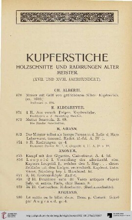 Kupferstiche Holzschnitte und Radirungen alter Meister (Nr. 870-962)