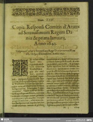 Num. XXIV. Copia Responsi Comitis d'Avaux ad Serenissimum Regem Daniae de prima Ianuarii, Anno 1642