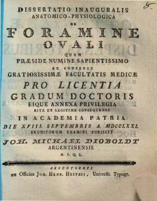 Dissertatio Inauguralis Anatomico-Physiologica De Foramine Ovali