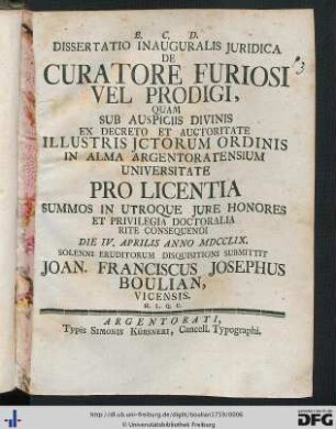 Dissertatio Inauguralis Juridica De Curatore Furiosi Vel Prodigi
