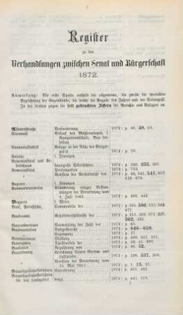 Register zu den Verhandlungen zwischen Senat und Bürgerschaft 1872