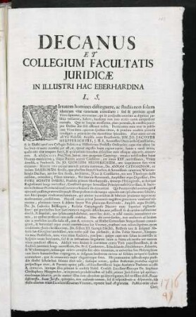 Decanus Et Collegium Facultatis Juridicae In Illustri Hac Eberhardina L. S.