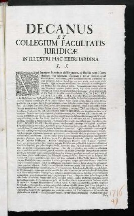 Decanus Et Collegium Facultatis Juridicae In Illustri Hac Eberhardina L. S.