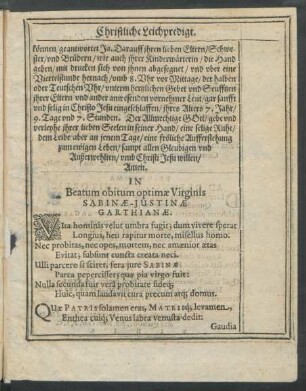 In Beatum obitum optimae Virginis Sabinae-Justinae Garthianae.