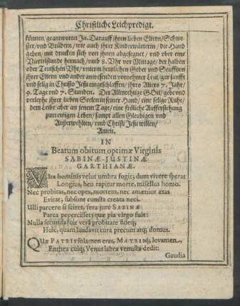 In Beatum obitum optimae Virginis Sabinae-Justinae Garthianae.
