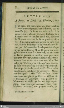 Lettre DXXI. A Paris, ce Lundi, 21. Février, 1689