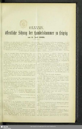 CCLXXXIV. öffentliche Sitzung der Handelskammer zu Leipzig am 3. Juli 1898