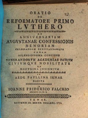 Oratio de reformatore primo Luthero