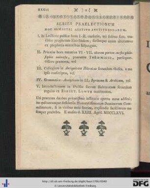 Series Praelectionum Hoc Semestri Aestivo Instituendarum.
