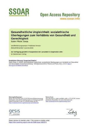 Gesundheitliche Ungleichheit: sozialethische Überlegungen zum Verhältnis von Gesundheit und Gerechtigkeit