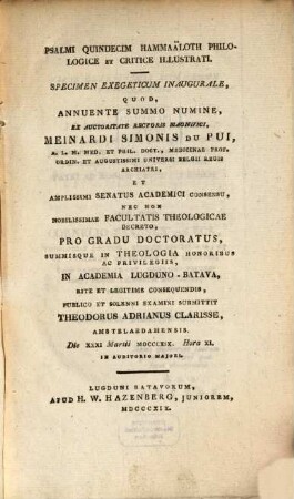 Psalmi quindecim Hammaöloth philologice et critice illustrati : Specimen exegeticum inaugurale