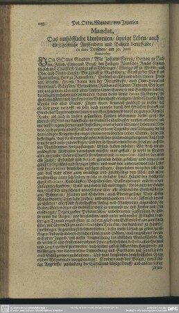 Mandat, Das unhöffliche Umbreiten, üppige Leben, auch UnChristliche Außfordern und Balgen betreffende, de dato Dreßden, am 30. Junii Anno 1653