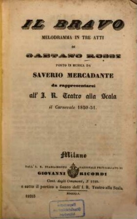 Il bravo : Melodramma in 3 atti
